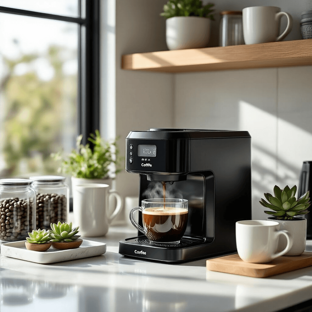 Transform Your Kitchen Into a Coffee Shop Paradise: My Journey with the Mr. Coffee Frappe Maker A sleek black coffee maker on white quartz countertops is surrounded by clear glass coffee bean containers, white ceramic mugs on a marble tray, and a small succulent, all bathed in soft morning light and organized in a modern kitchen coffee corner.