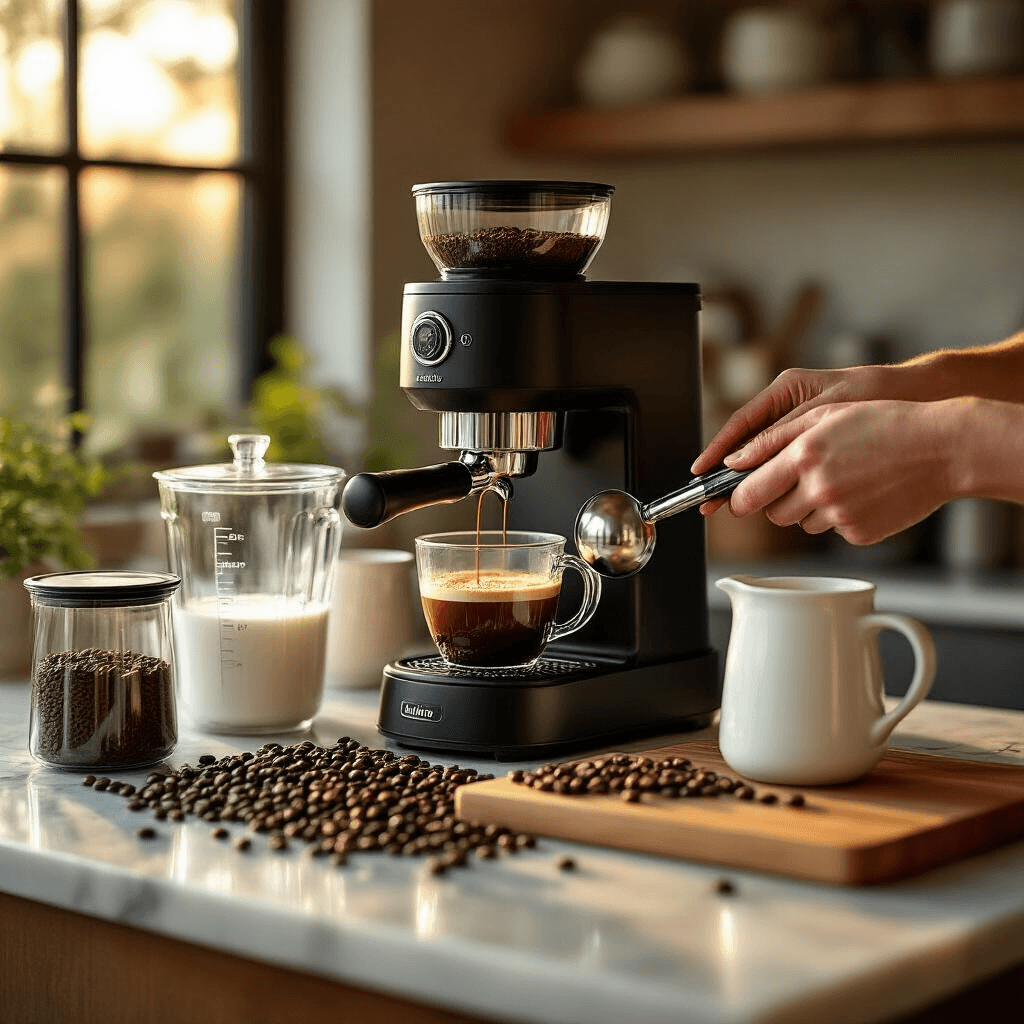 Transform Your Kitchen Into a Coffee Shop Paradise: My Journey with the Mr. Coffee Frappe Maker Close-up of a marble kitchen island with hands using a dual-sided coffee scoop over freshly ground coffee beans, featuring a black frappe maker, glass measuring containers with ice, and a Tritan blender jar with milk markings, all illuminated by warm golden hour light.