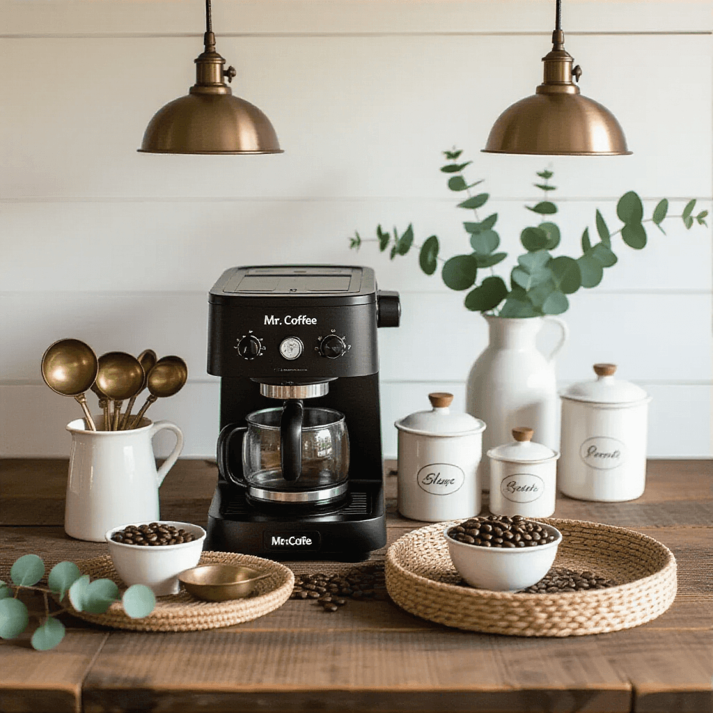 Transform Your Kitchen Into a Coffee Shop Paradise: My Journey with the Mr. Coffee Frappe Maker Overhead flat lay of a rustic coffee station featuring a black Mr. Coffee machine, vintage brass measuring spoons, white porcelain canisters with handwritten labels, a woven tray, small bowls of coffee beans, and fresh eucalyptus, all under soft ambient lighting.