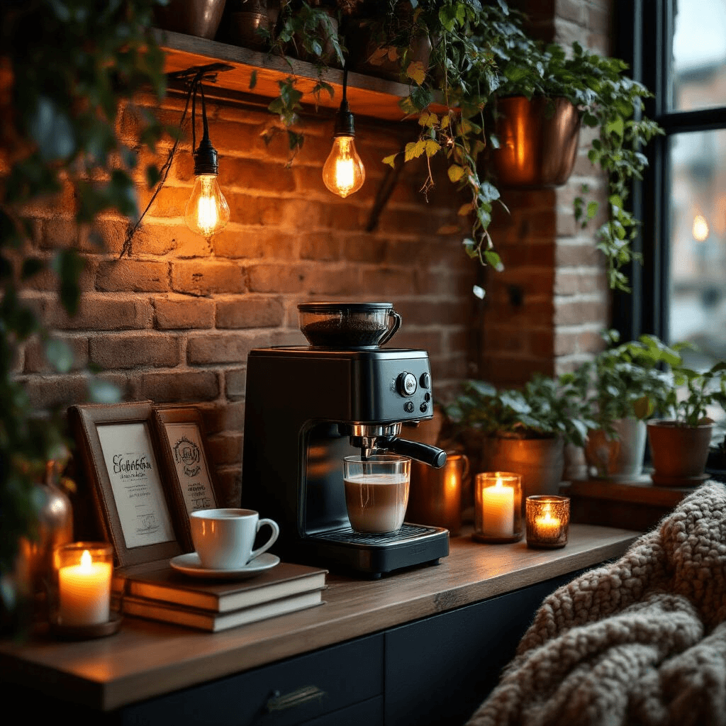 Transform Your Kitchen Into a Coffee Shop Paradise: My Journey with the Mr. Coffee Frappe Maker Cinematic side-angle view of a cozy apartment coffee nook featuring a sleek frappe maker on a narrow console table against exposed brick walls, illuminated by warm Edison bulbs and flickering candles. The scene includes leather-bound coffee journals, vintage copper accessories, cascading plants, and rich textures from weathered wood and a chunky knit throw, creating a moody and sophisticated atmosphere.