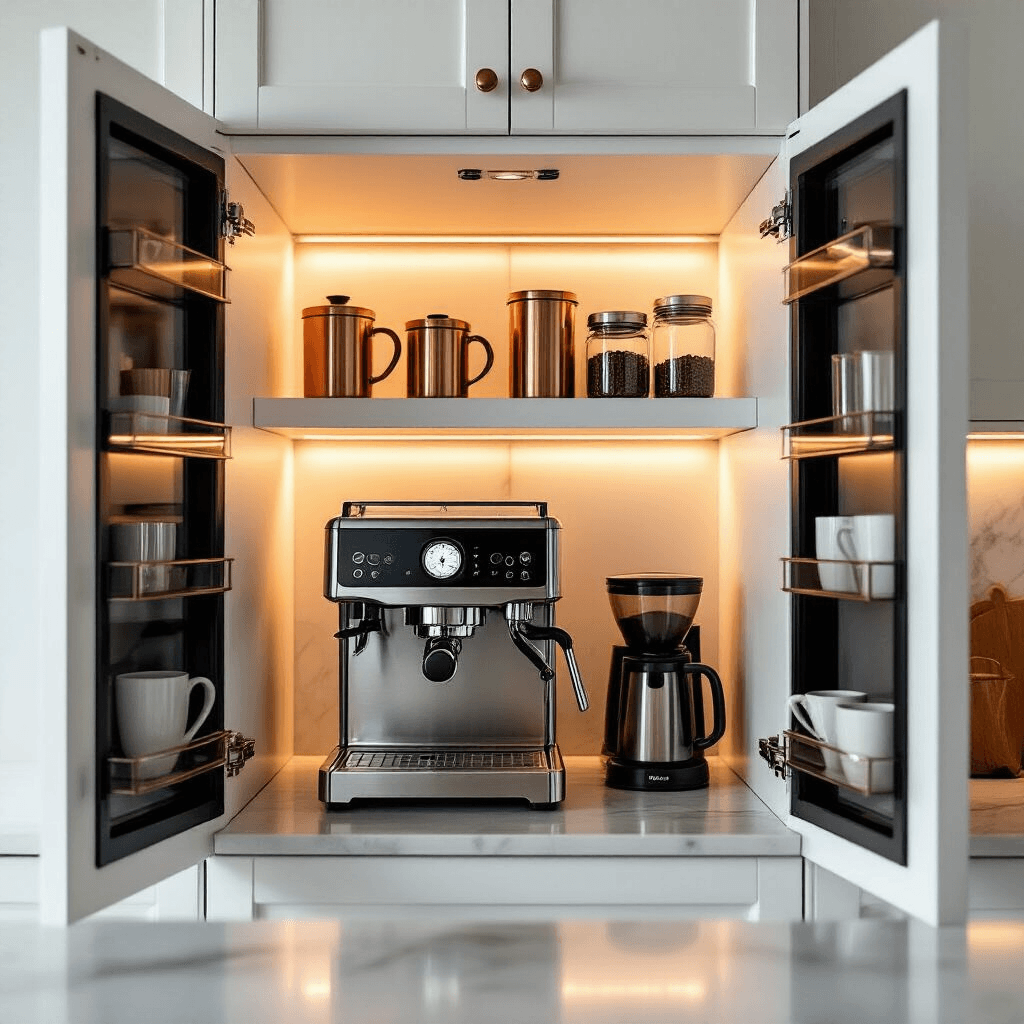 Transform Your Kitchen Into a Café: How to Create the Perfect Coffee Machine Station A bright and organized modern kitchen pantry coffee station featuring opened white cabinets, a high-end espresso machine, a burr grinder, and glass canisters filled with coffee beans, all bathed in warm LED lighting, with marble countertops and copper-toned accessories, complemented by morning sunlight filtering through windows.