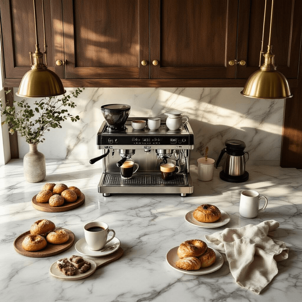 Transform Your Kitchen Into a Café: How to Create the Perfect Coffee Machine Station An elegant flat lay of a kitchen island coffee station during golden hour, showcasing a marble-topped island with built-in espresso machine, rich walnut cabinetry, brass fixtures, coffee accessories, fresh pastries, and soft natural light.