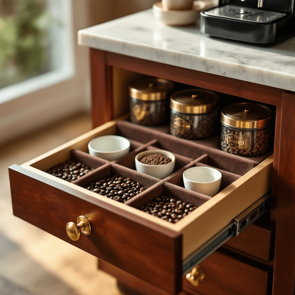 Transform Your Kitchen Into a Café: How to Create the Perfect Coffee Machine Station A close-up of a pull-out drawer coffee station in warm morning light, featuring custom drawer organizers with compartments for coffee tools, a compact espresso setup, velvet-lined sections, brass accents, and neatly stored coffee beans and porcelain cups.