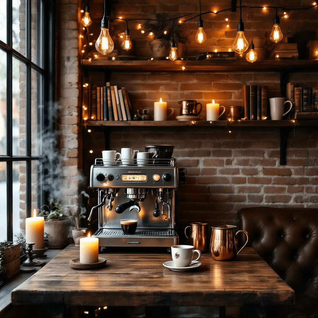Transform Your Kitchen Into a Café: How to Create the Perfect Coffee Machine Station Cozy coffee nook with reclaimed wood table, vintage espresso machine, and warm candlelight, featuring exposed brick walls, Edison bulb string lights, and floating shelves filled with coffee books and ceramic mugs, evoking an intimate café atmosphere.