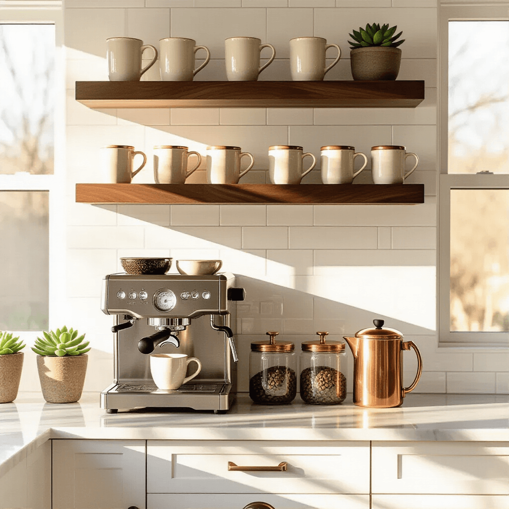 Transform Your Kitchen into a Coffee Lover's Paradise with Floating Shelves A stylish kitchen coffee bar featuring walnut floating shelves, a stainless steel espresso machine, vintage ceramic mugs, glass coffee bean canisters, and a copper French press, all illuminated by warm golden hour sunlight. The setup showcases a marble countertop, pristine white cabinetry, and small potted succulents, creating a minimalist and inviting aesthetic.