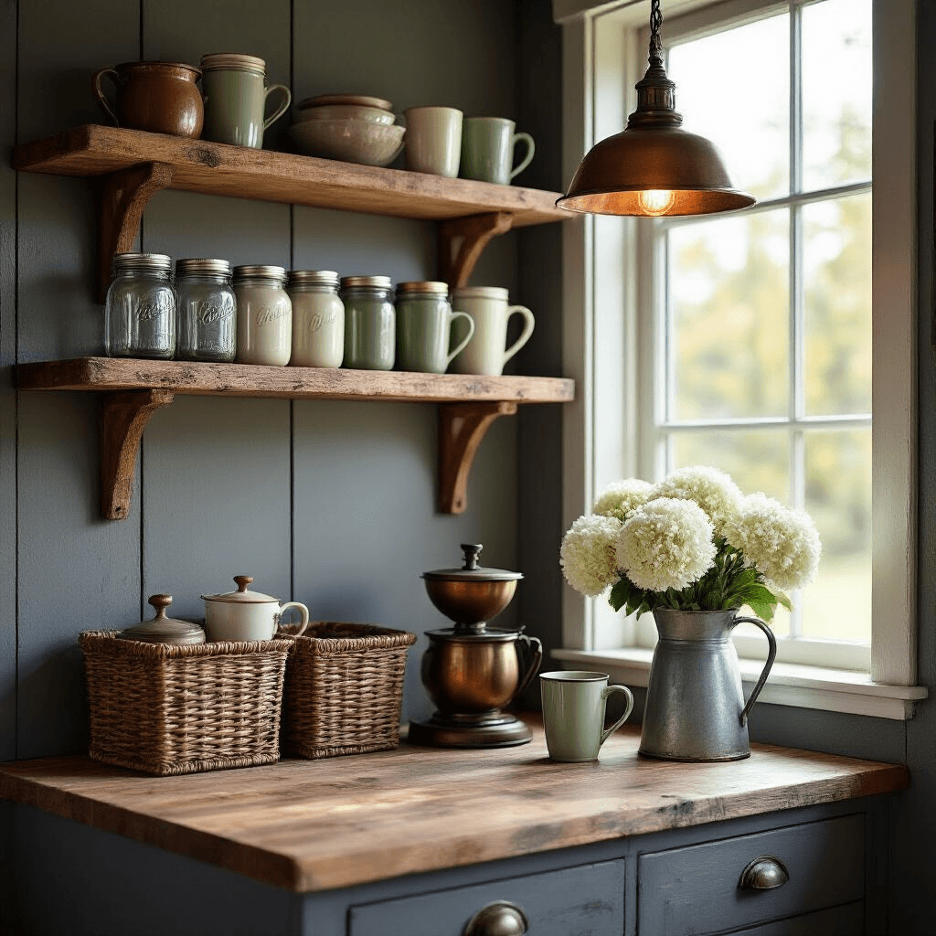 Transform Your Kitchen into a Coffee Lover's Paradise with Floating Shelves Cozy farmhouse coffee nook with reclaimed wood shelves, vintage signs, mismatched ceramic mugs, and soft morning light, featuring a distressed countertop, antique coffee grinder, and fresh hydrangeas.