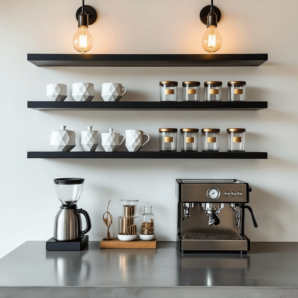 Transform Your Kitchen into a Coffee Lover's Paradise with Floating Shelves A modern coffee station in a sleek apartment, featuring matte black floating shelves, white ceramic accessories, clear glass containers with brass labels, and chrome espresso equipment, all illuminated by warm golden hour light and dramatic side lighting.