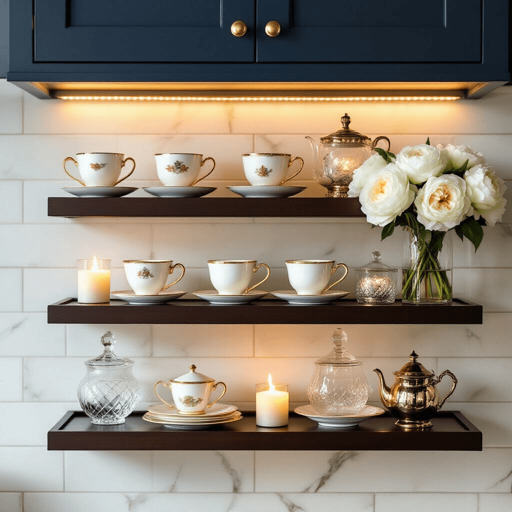 Transform Your Kitchen into a Coffee Lover's Paradise with Floating Shelves An elegant coffee bar scene with warm candlelight, featuring a three-tiered floating shelf of vintage bone china cups and crystal decanters, set against a deep navy wall and marble subway tile backsplash, complemented by fresh white peonies in a crystal vase.
