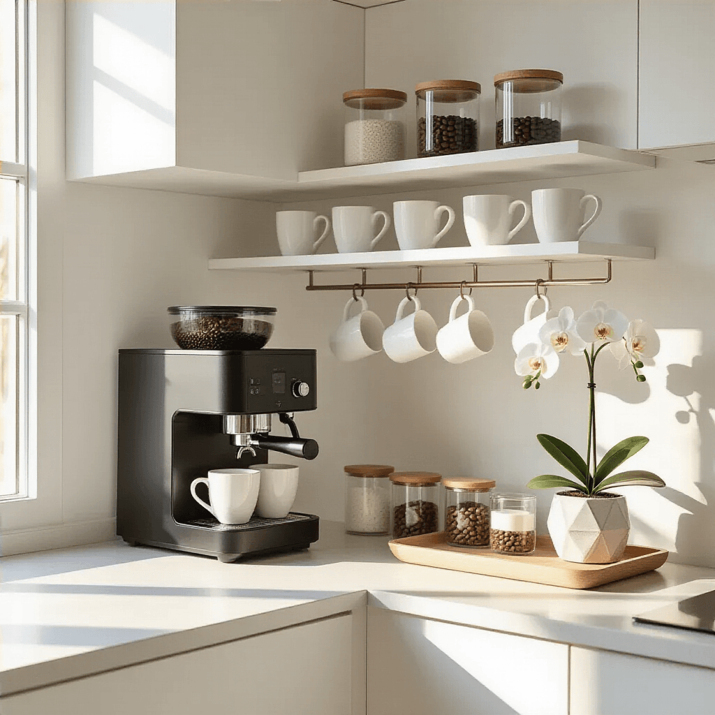 Transform Your Kitchen Corner: Creating the Perfect Corner Coffee Bar for Your Daily Ritual A modern minimalist coffee bar in a contemporary kitchen, featuring a white floating shelf with a black espresso machine, ceramic mugs, and glass storage containers, styled with a wooden tray and a single orchid, illuminated by soft morning light.