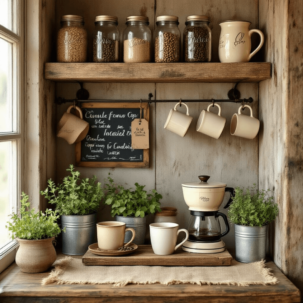Transform Your Kitchen Corner: Creating the Perfect Corner Coffee Bar for Your Daily Ritual A warm golden hour flat lay of a rustic farmhouse coffee bar, featuring a distressed wooden shelf with vintage mason jars, a cream-colored drip coffee maker, mismatched ceramic mugs, a burlap runner, potted herbs in metal containers, and chalkboard signs, all captured in soft ambient lighting.