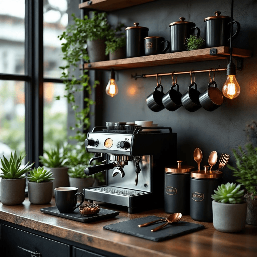 Transform Your Kitchen Corner: Creating the Perfect Corner Coffee Bar for Your Daily Ritual Cinematic close-up of an industrial-style coffee bar with black metal shelving, stainless steel espresso machine, black storage canisters, dark gray ceramic mugs, and warm Edison bulb string lights, showcasing a color palette of charcoal blacks, brushed steel, and copper accents.