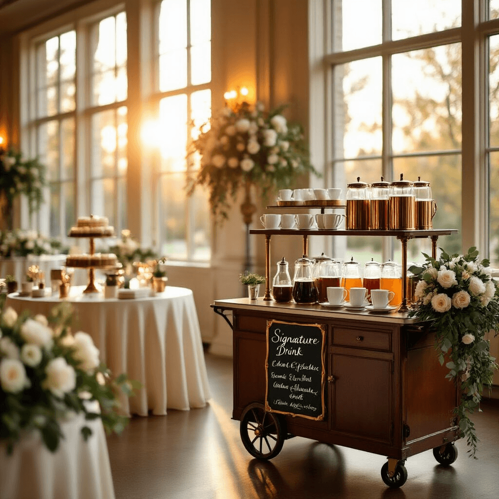 Creating the Perfect Wedding Coffee Bar: Your Complete Guide to Caffeinated Celebration Cinematic indoor ballroom wedding coffee bar setup with a mahogany mobile espresso cart, warm golden hour lighting, elegant decor, and a professional barista crafting latte art amidst lush floral arrangements and soft candlelight.