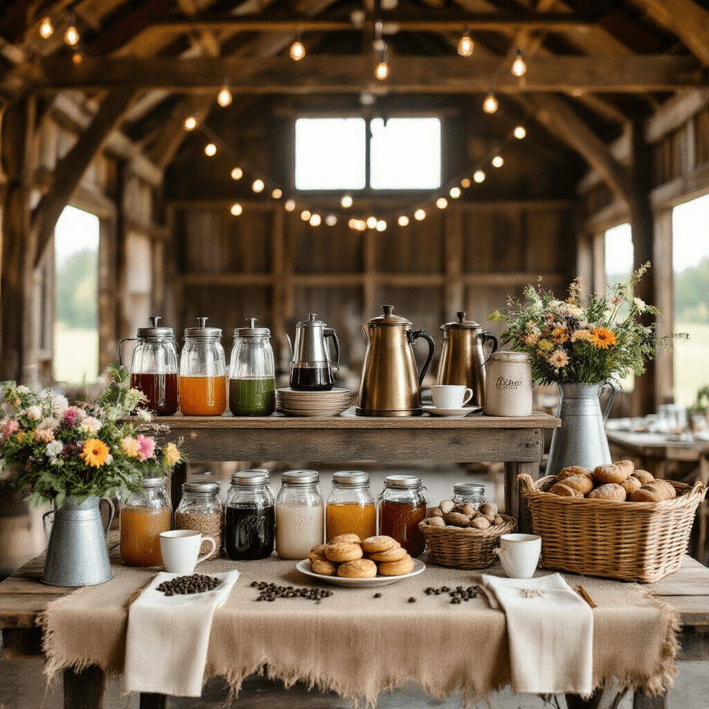 Creating the Perfect Wedding Coffee Bar: Your Complete Guide to Caffeinated Celebration Overhead view of a DIY wedding coffee bar in a rustic barn, featuring thermal carafes, flavored syrup jars, vintage urns, and artisanal pastries on a reclaimed wood table, adorned with wildflowers and burlap decor under soft morning light.