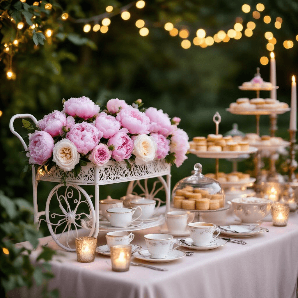 Creating the Perfect Wedding Coffee Bar: Your Complete Guide to Caffeinated Celebration Close-up of a romantic outdoor garden wedding coffee station at twilight, featuring a vintage white wrought iron cart adorned with blush pink peonies and cream garden roses, elegant place settings with fine china cups, and delicately displayed pastries under cloches, all illuminated by fairy lights and candlelit ambiance.
