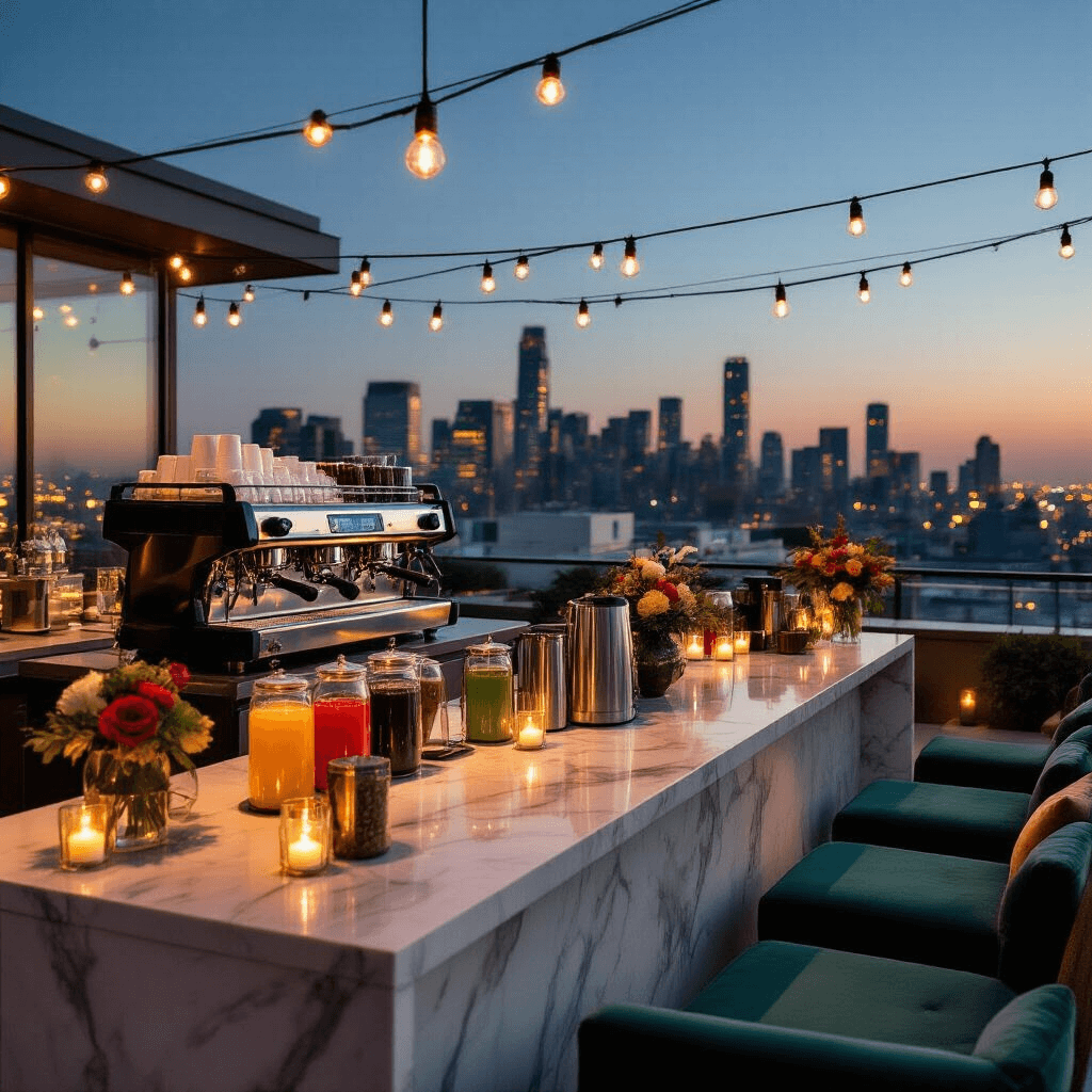 Creating the Perfect Wedding Coffee Bar: Your Complete Guide to Caffeinated Celebration Wide shot of a modern rooftop wedding coffee bar at night, featuring a sleek coffee station, intimate velvet seating, and a glowing city skyline, illuminated by candles and string lights, with a bold color palette and minimalist decor.
