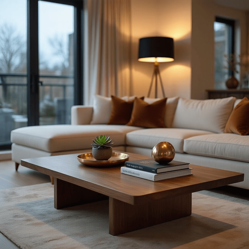Low Coffee Tables: The Secret to Making Your Small Living Room Feel Like a Palace Wide-angle shot of an elegant dining setup in a modern living room, featuring a walnut coffee table with a succulent, design books, and a brass sculpture, surrounded by a cream sectional sofa and soft evening light filtering through large windows.