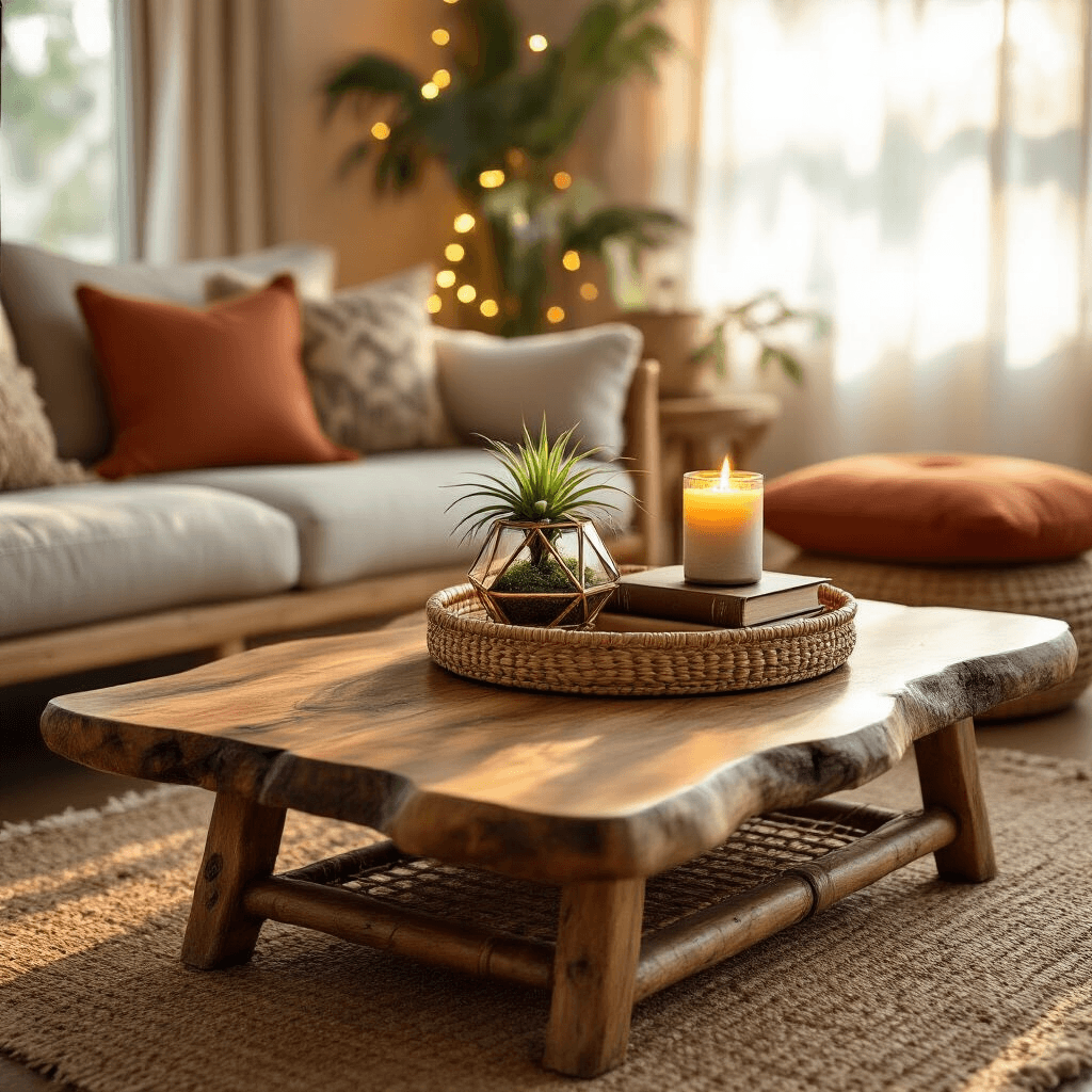 Low Coffee Tables: The Secret to Making Your Small Living Room Feel Like a Palace Close-up of a bohemian low coffee table arrangement with a live-edge wood table, rattan tray containing an air plant in a terrarium, a vintage book, and a ceramic candle, surrounded by Moroccan cushions and a jute rug, illuminated by fairy lights and golden hour sunlight.