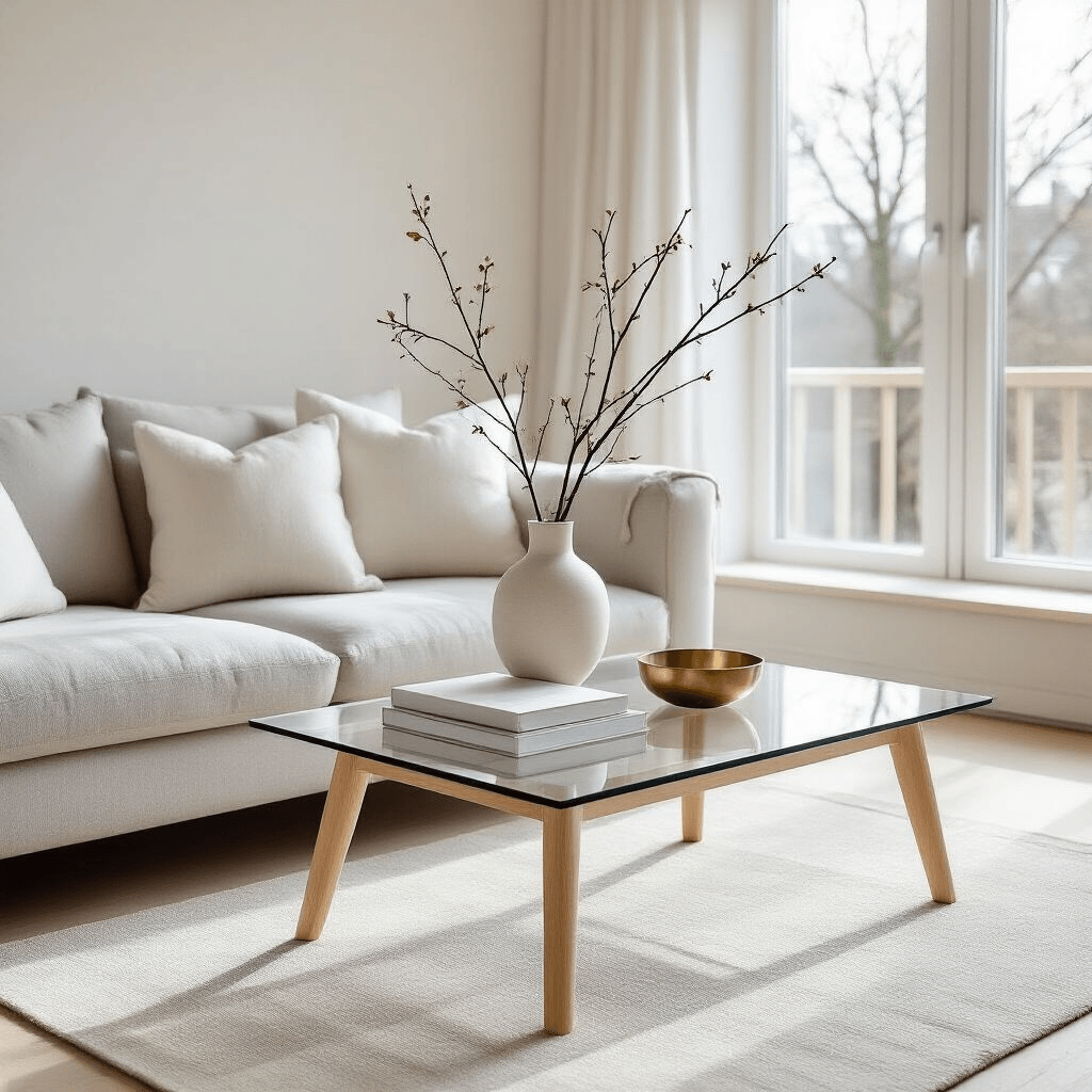 Low Coffee Tables: The Secret to Making Your Small Living Room Feel Like a Palace Overhead flat lay of a minimalist Scandinavian living room with a glass-top coffee table on birch legs, pale oak floors, and a light gray linen sofa, featuring a single white vase, a design book, and a brass bowl, all bathed in soft morning light.
