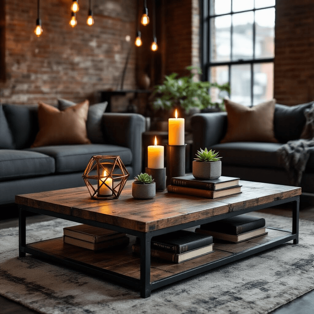 Low Coffee Tables: The Secret to Making Your Small Living Room Feel Like a Palace Moody industrial living room with low metal and dark wood coffee table, warm candlelight, pillar candles, Edison bulb string lights, and carefully arranged decor elements against a backdrop of charcoal gray furniture and exposed brick walls.