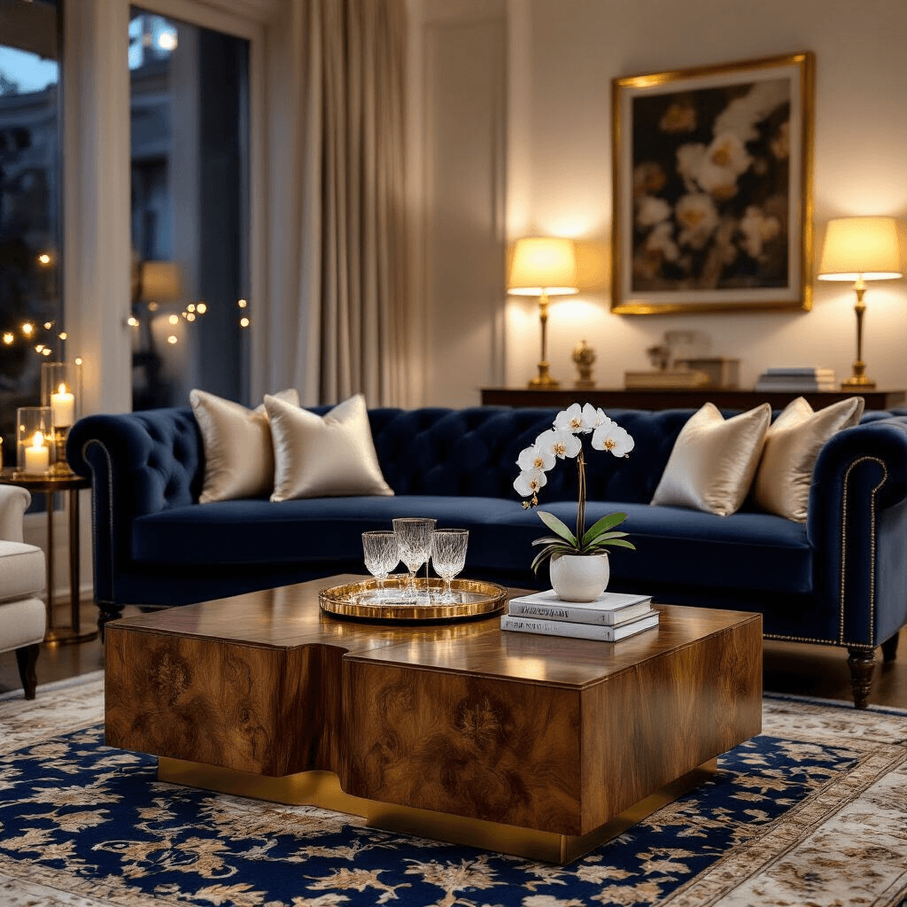 Low Coffee Tables: The Secret to Making Your Small Living Room Feel Like a Palace Elegant living room with a walnut burl low coffee table, tufted navy velvet sofa, ambient fairy lighting, silver tray with crystal glassware, and a Persian rug, showcasing luxurious decor and sophisticated atmosphere.