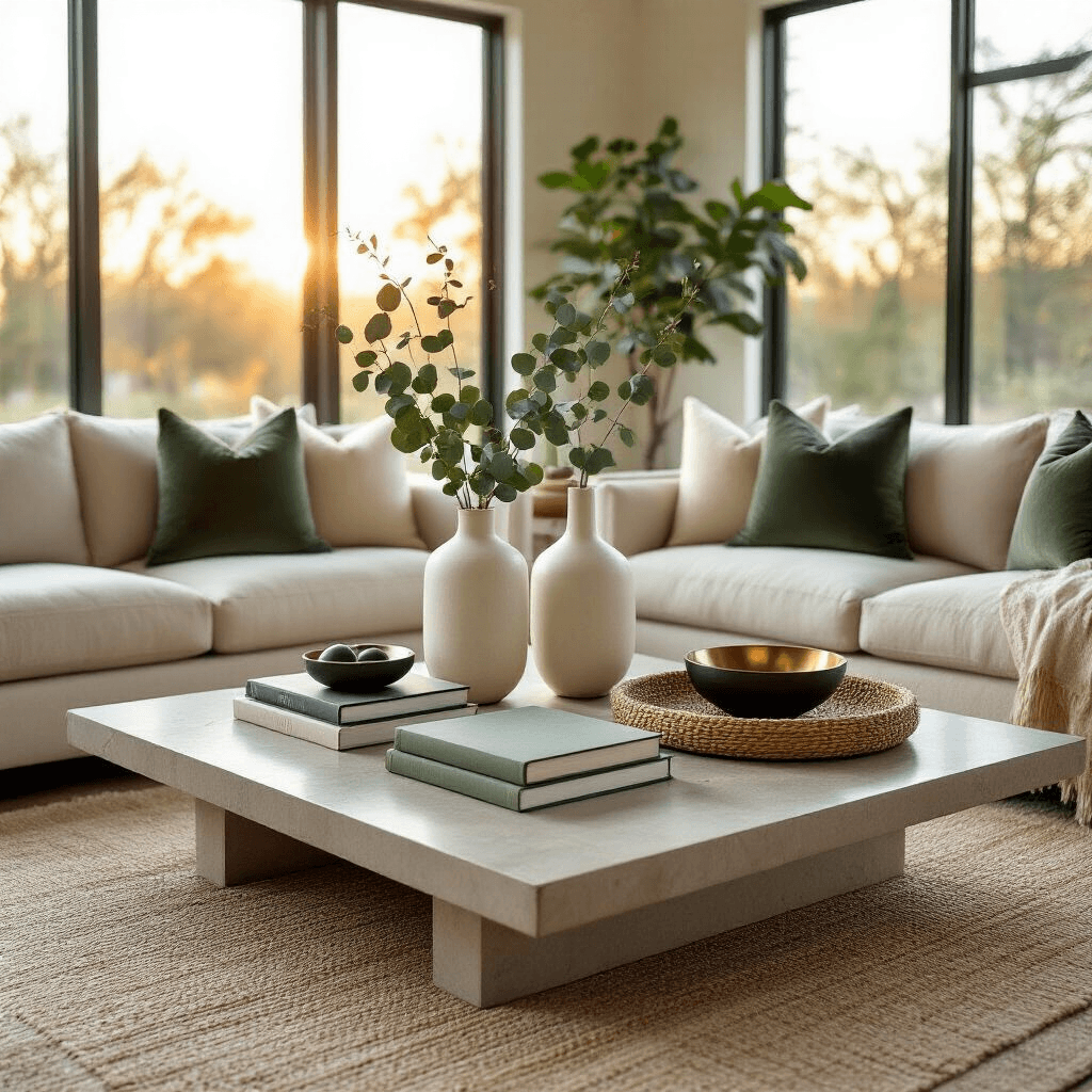 Master the Art of Coffee Table Styling: Your Guide to Creating Instagram-Worthy Displays Wide-angle shot of a modern living room during golden hour, featuring a styled rectangular coffee table with ceramic vases, stacked books, and brass bowls, surrounded by plush sofas and a natural fiber rug, illuminated by warm sunlight.