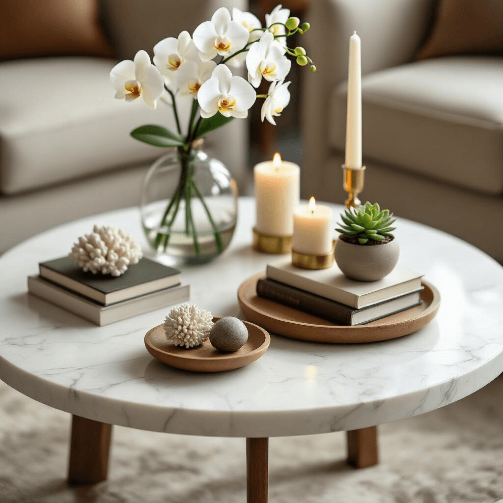 Master the Art of Coffee Table Styling: Your Guide to Creating Instagram-Worthy Displays Close-up detail of an elegantly styled round coffee table featuring a tall glass vase with white orchids, brass candlesticks with ivory candles, and a stack of leather-bound books with a succulent. A natural wood tray holds decorative objects like coral and stone spheres, all highlighted by soft morning light.