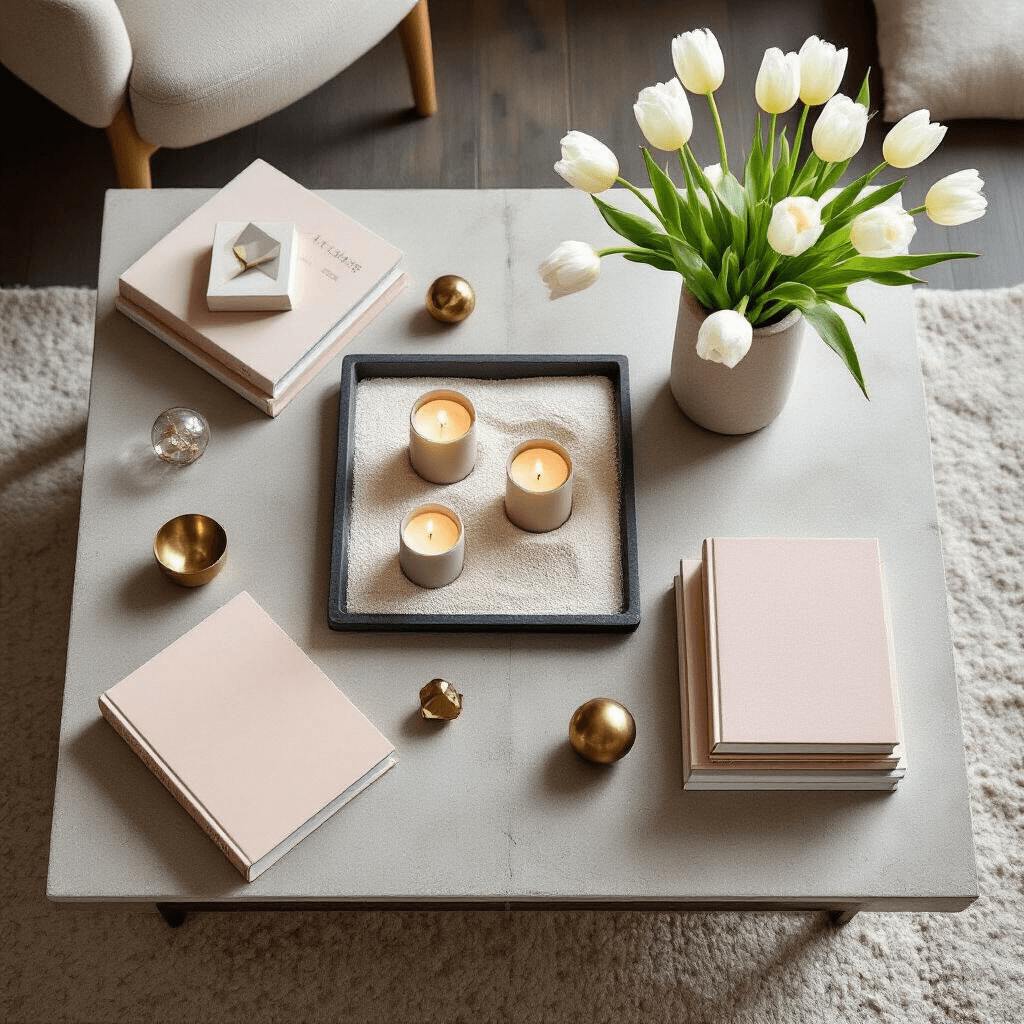 Master the Art of Coffee Table Styling: Your Guide to Creating Instagram-Worthy Displays Overhead view of a modern minimalist coffee table styled with a black slate tray filled with white sand and geometric candles, blush pink and cream coffee table books, brass sculptures, clear glass orbs, and fresh white tulips in a cement vase, all on a warm oak surface.