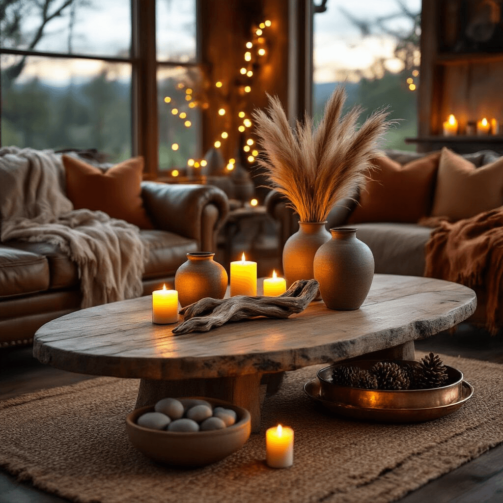 Master the Art of Coffee Table Styling: Your Guide to Creating Instagram-Worthy Displays Cinematic wide-angle shot of a rustic living room with an oval reclaimed wood coffee table styled for a cozy ambiance, featuring warm fairy lights, pillar candles, and a central driftwood sculpture surrounded by ceramic vessels and natural textures.