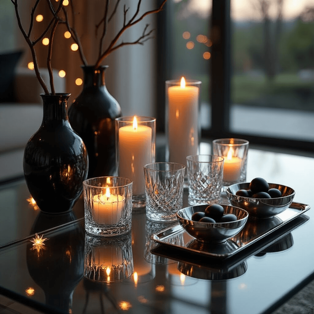 Master the Art of Coffee Table Styling: Your Guide to Creating Instagram-Worthy Displays A close-up of a stylish glass and chrome coffee table illuminated by candlelight, showcasing black ceramic vases with branches, crystal decanters, polished obsidian stones, and a silver tray, all set against a backdrop of ambient fairy lights.