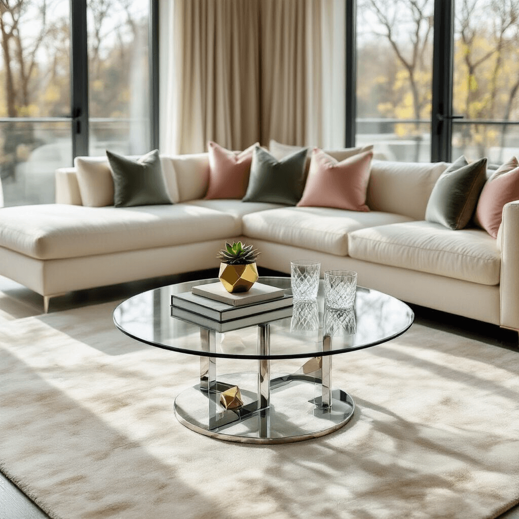 Glass Top Coffee Tables: Why I'm Obsessed with This Space-Saving Furniture Game-Changer Overhead flat lay of a modern living room with a round glass coffee table, chrome base, and elegant decor, featuring a silk area rug, leather-bound book, brass planter with succulent, and crystal glasses, all illuminated by soft morning light.
