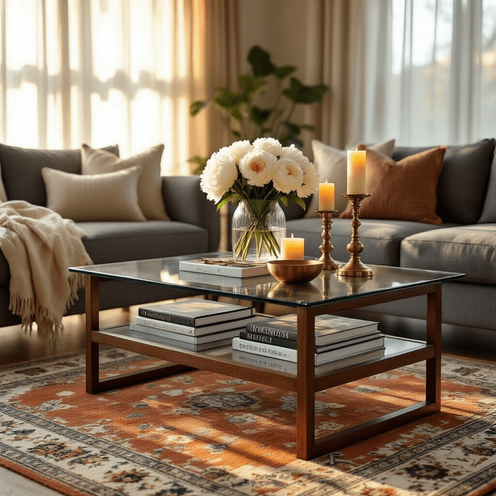 Glass Top Coffee Tables: Why I'm Obsessed with This Space-Saving Furniture Game-Changer A cozy apartment living room during golden hour, featuring a glass coffee table with a walnut wood base, decorated with coffee table books, a ceramic vase with white peonies, and brass candlesticks. Soft sunlight filters through sheer curtains, casting shadows across a lower shelf with magazines and a wooden bowl, complemented by a gray sofa and a Persian rug in warm tones.