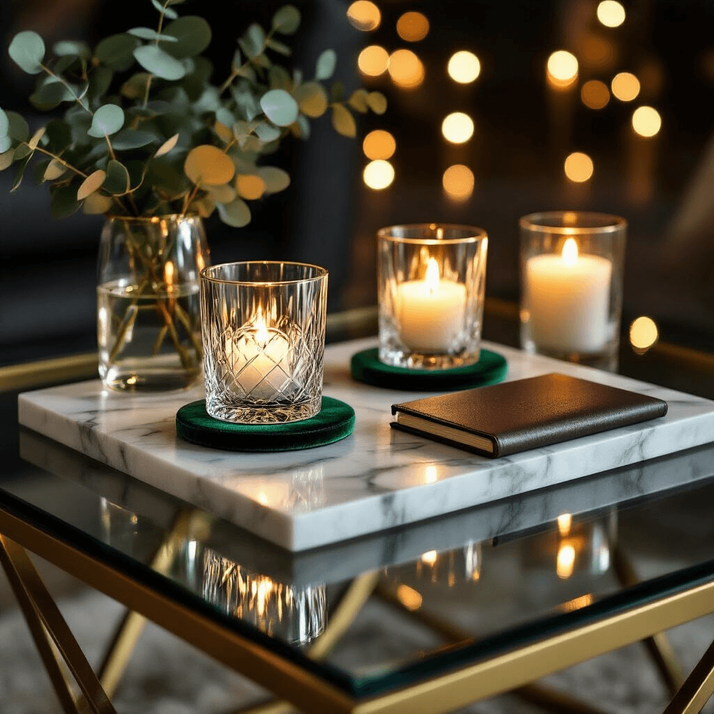 Glass Top Coffee Tables: Why I'm Obsessed with This Space-Saving Furniture Game-Changer Close-up of a luxury glass coffee table vignette featuring a marble and brass tray with gold-rimmed crystal glasses, velvet coasters, and a leather-bound journal, illuminated by candlelight and fairy lights, with eucalyptus sprigs in a clear vessel.