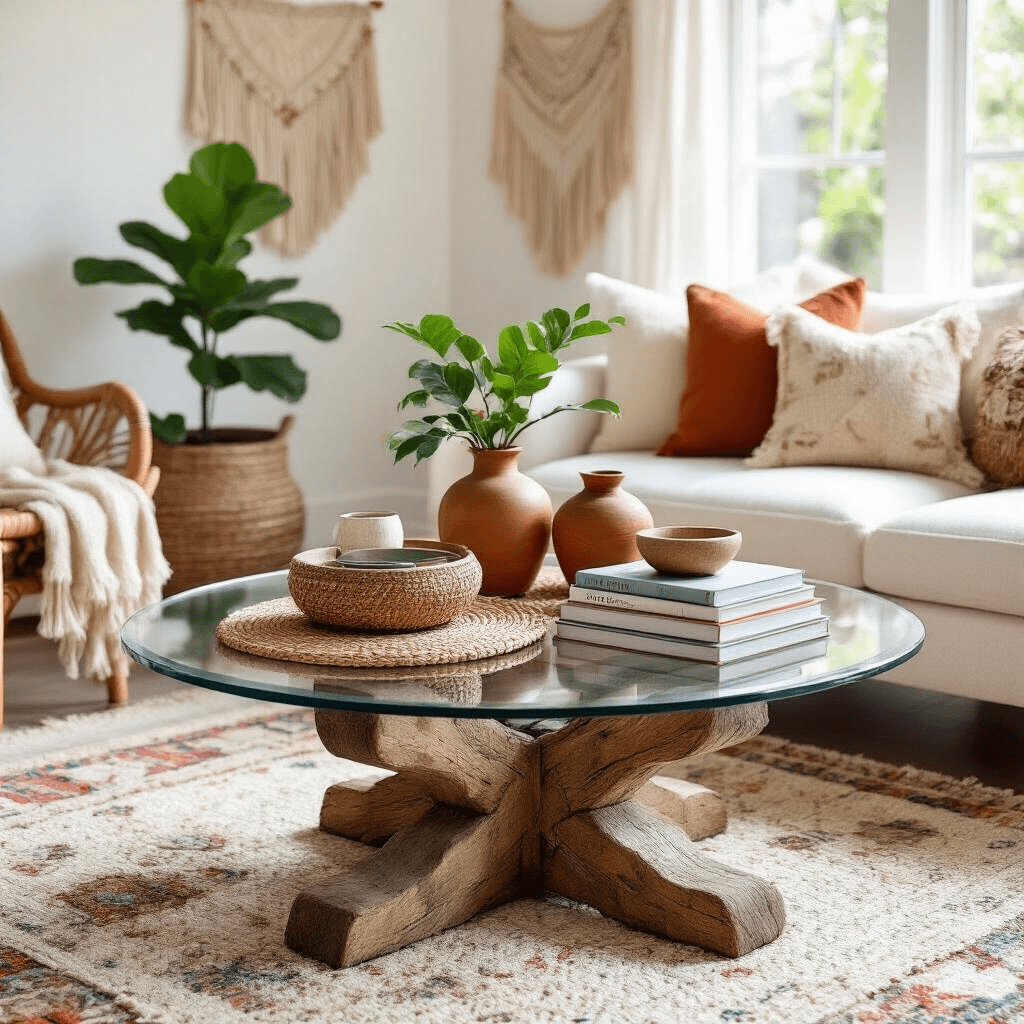 Glass Top Coffee Tables: Why I'm Obsessed with This Space-Saving Furniture Game-Changer A bohemian glass coffee table setup in a bright living space, featuring jute placemats, earth-toned ceramic vessels, colorful stacked books, and a potted fiddle leaf fig, with a vintage kilim rug below and macrame wall hangings in the background, all illuminated by natural sunlight.