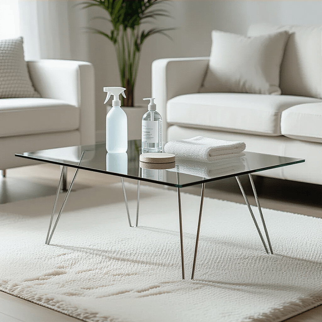 Glass Top Coffee Tables: Why I'm Obsessed with This Space-Saving Furniture Game-Changer A minimalist glass coffee table maintenance scene in a modern apartment, featuring a sleek rectangular table with stainless steel legs, premium cleaning supplies, microfiber cloths, and natural stone coasters, set against a plush white rug and contemporary furniture.