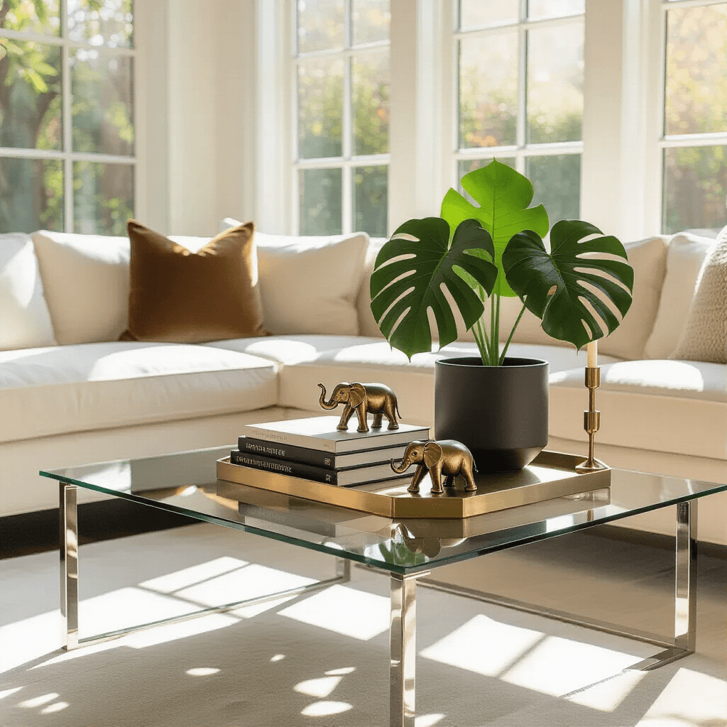 How to Style a Glass Coffee Table That Doesn't Look Empty or Cluttered A modern glass coffee table in a bright living room, adorned with curated items on a brass tray, including coffee table books, an elephant figurine, and a monstera plant, surrounded by a cream sectional sofa and warm woven textures, all illuminated by soft morning light.