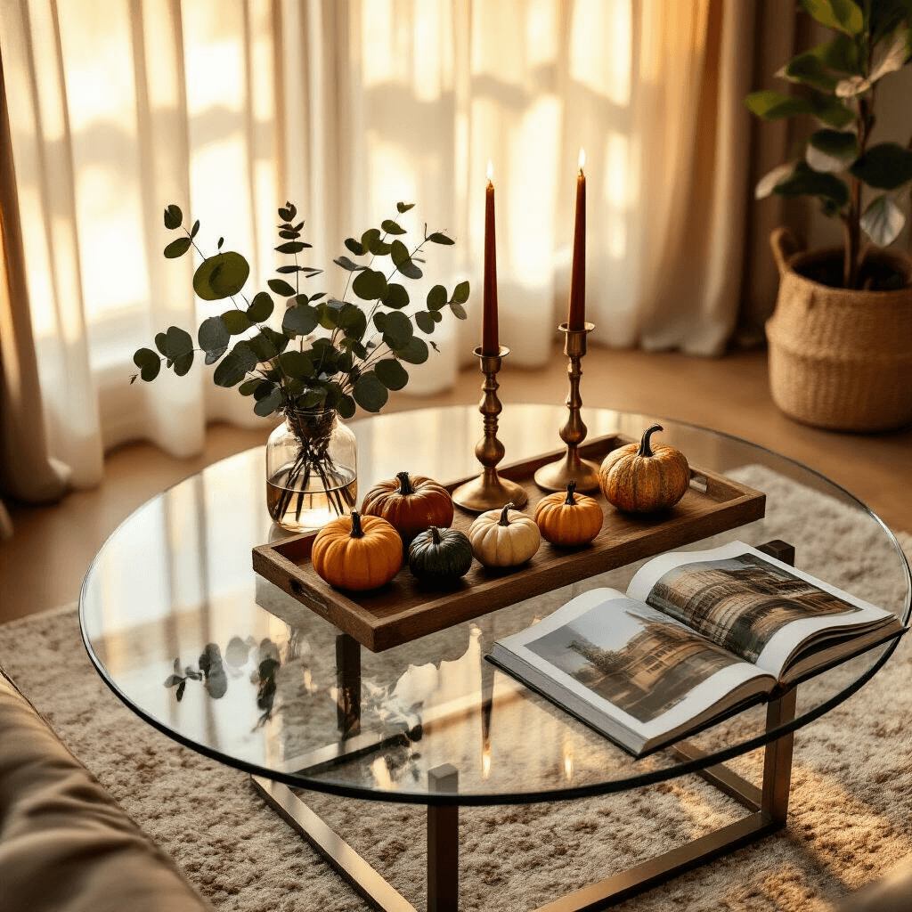 How to Style a Glass Coffee Table That Doesn't Look Empty or Cluttered An overhead shot of a cozy living room during golden hour, featuring an oval glass coffee table with autumn decorations, including decorative gourds and brass candlesticks, surrounded by a gray sofa and a plush area rug.