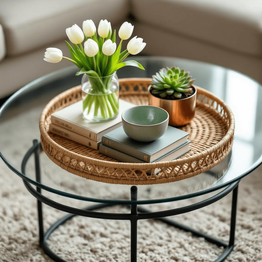 How to Style a Glass Coffee Table That Doesn't Look Empty or Cluttered A flat lay of a glass coffee table styled with a woven rattan tray, vintage books, a sage green ceramic bowl, white tulips in a clear vase, a copper planter with succulents, and string lights in a mason jar, set in a contemporary apartment with a navy blue velvet sofa and warm hardwood floors.