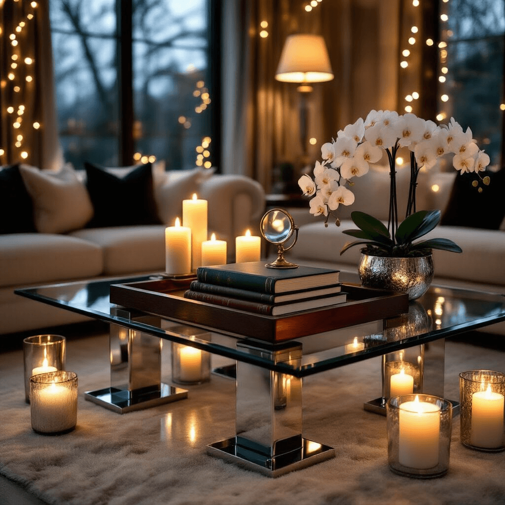 How to Style a Glass Coffee Table That Doesn't Look Empty or Cluttered An elegant cinematic wide shot of a luxurious candlelit living room featuring a glass coffee table with chrome pedestals, dark walnut wood tray with leather-bound books, white orchids, and pillar candles, surrounded by a tufted ivory sofa, Persian rugs, and flowing silk drapery.