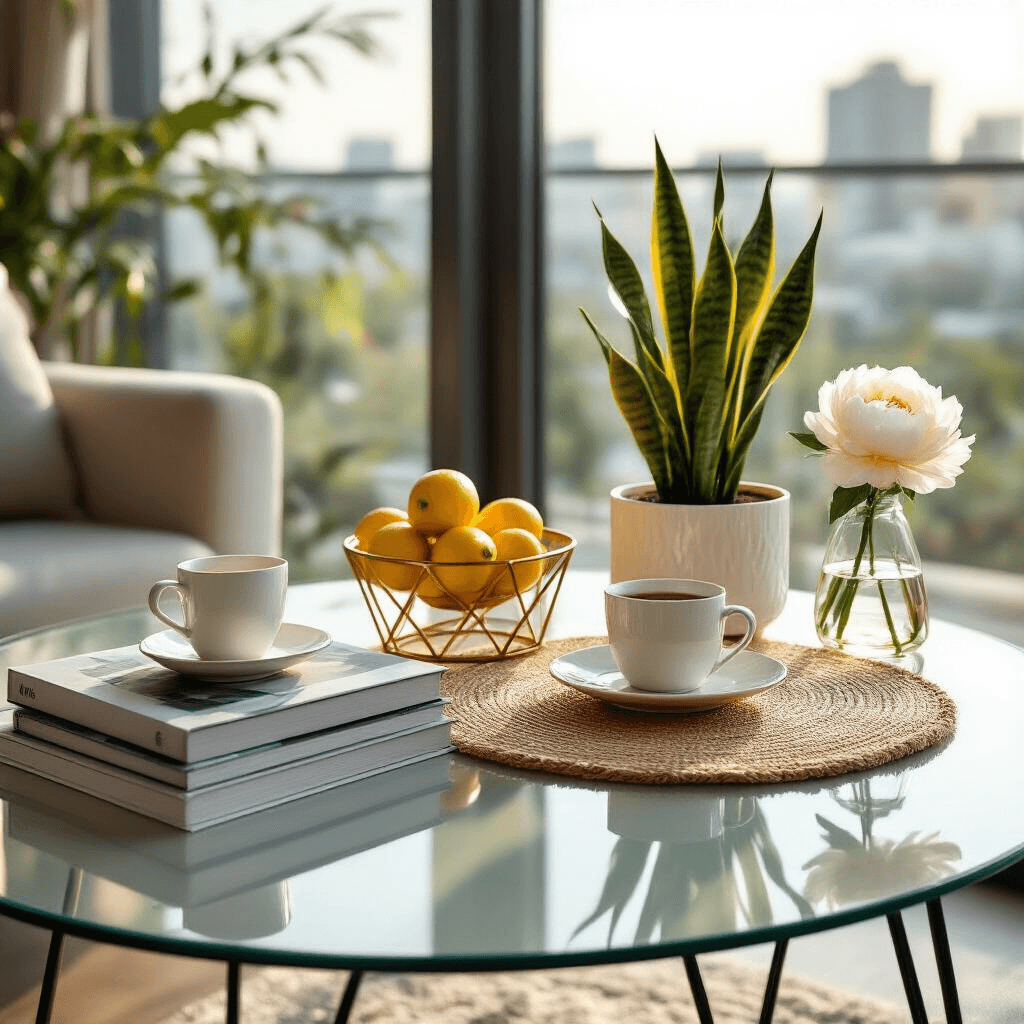 How to Style a Glass Coffee Table That Doesn't Look Empty or Cluttered A beautifully styled breakfast coffee table in a modern apartment, featuring a glass table with hairpin legs, design books, a snake plant in a ceramic planter, fresh lemons in a glass bowl, and a white peony in a bud vase, all illuminated by golden morning light streaming through floor-to-ceiling windows, with ample negative space.