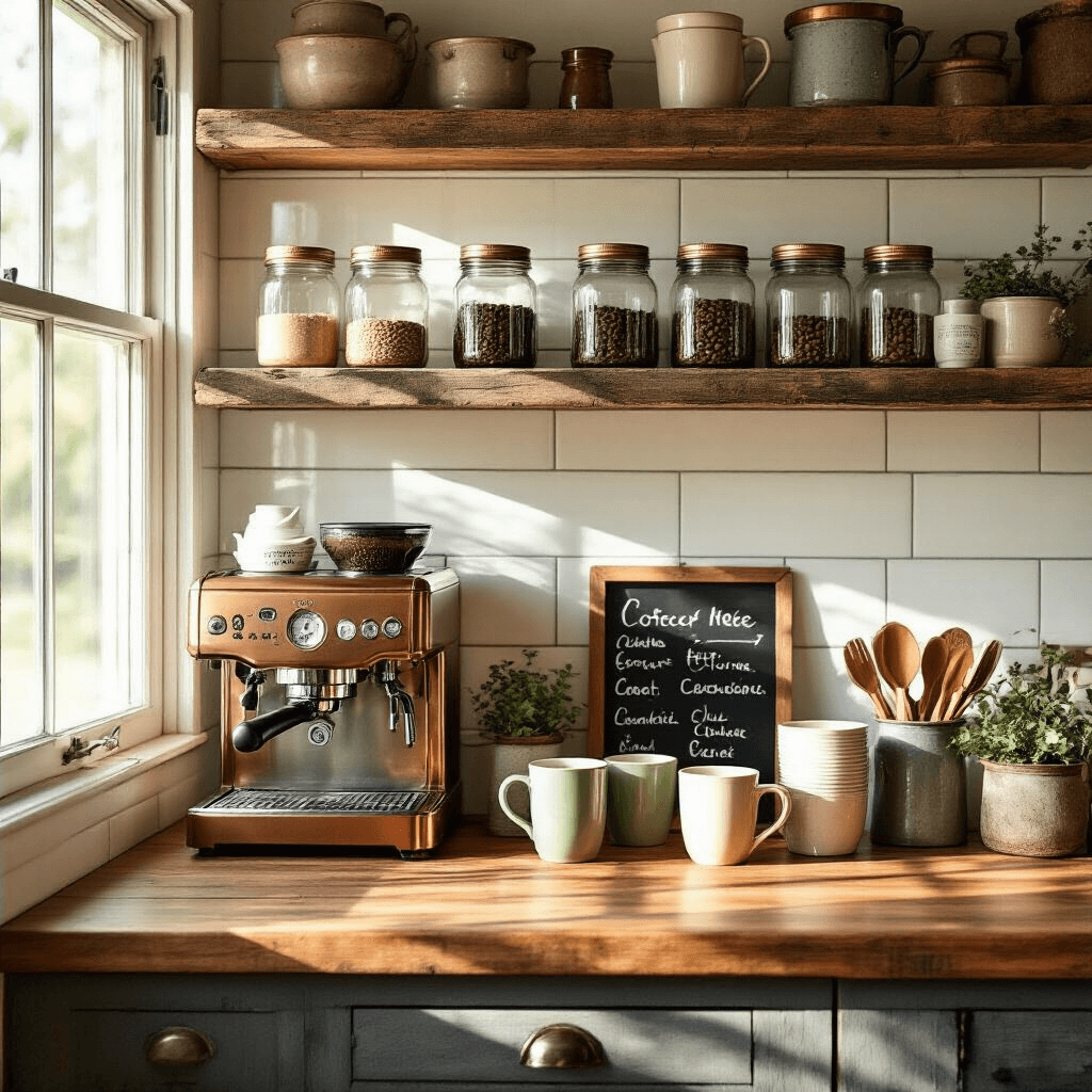 Transform Your Kitchen: The Ultimate Guide to Creating a Stunning Countertop Coffee Bar A cozy rustic farmhouse kitchen coffee bar station features reclaimed wood shelves with vintage mason jars, a copper espresso machine, and galvanized metal accessories, all bathed in soft morning light with rich butcher block textures and ceramic mugs.