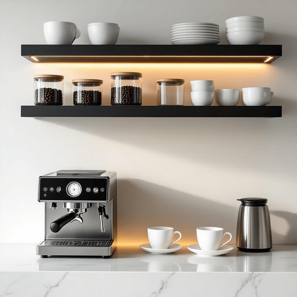 Transform Your Kitchen: The Ultimate Guide to Creating a Stunning Countertop Coffee Bar An elegant flat lay of a modern coffee bar on a white quartz countertop, featuring a stainless steel espresso machine, glass containers of coffee beans, and white ceramic cups, all arranged with geometric precision under soft golden hour lighting and seamless LED strip lighting.