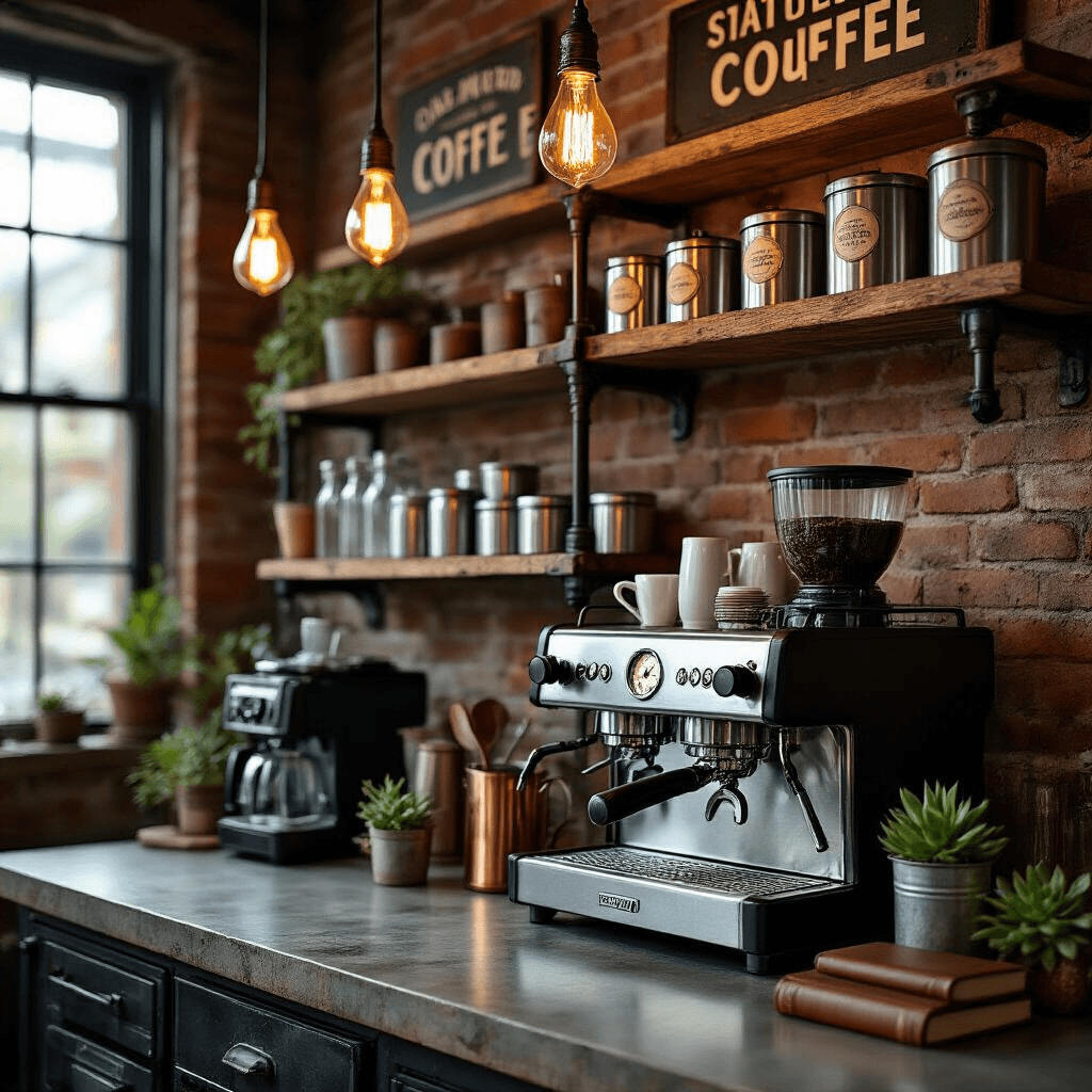 Transform Your Kitchen: The Ultimate Guide to Creating a Stunning Countertop Coffee Bar A close-up of an industrial-style coffee bar featuring black iron pipe shelving with stainless steel coffee containers, a professional espresso machine on distressed concrete, and warm Edison bulb lighting, set against exposed brick walls adorned with vintage coffee signage.