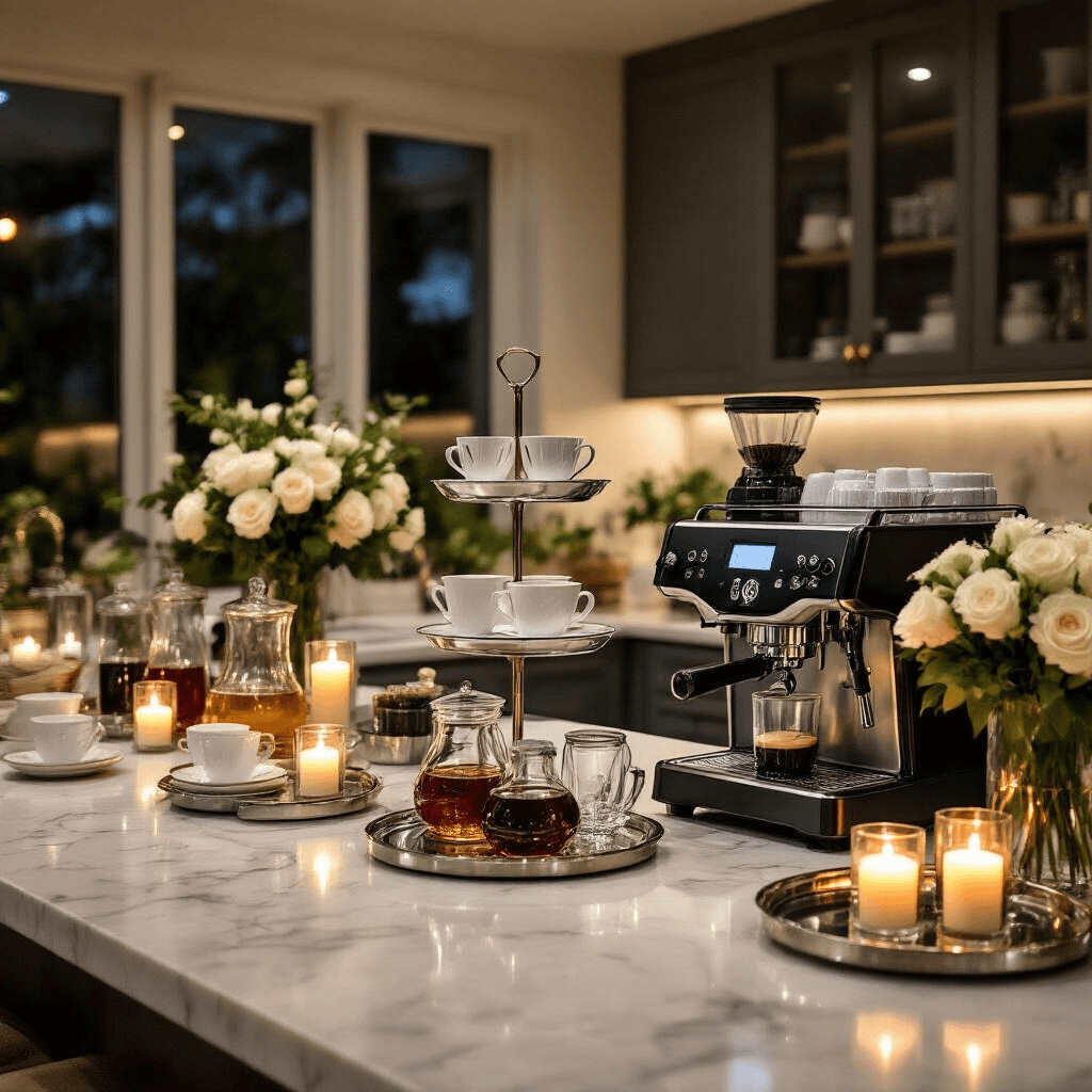 Transform Your Kitchen: The Ultimate Guide to Creating a Stunning Countertop Coffee Bar A stylish kitchen coffee bar setup featuring a marble countertop with various brewing options, elegant porcelain cups, crystal decanters, and candlelit ambiance, all accented by seasonal floral arrangements and luxury textiles.