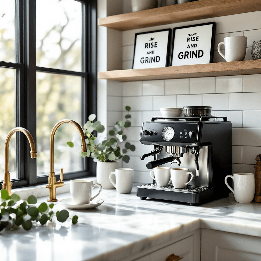 DIY Coffee Bar Signs That'll Make Your Kitchen the Envy of Every Guest Wide-angle shot of a modern kitchen coffee bar with a marble countertop, featuring a high-end espresso machine and 'Rise and Grind' signs on a subway tile backsplash. The space is illuminated by soft morning light, showcasing brass accents, white ceramic mugs, and fresh eucalyptus sprigs, while steam rises from espresso cups.