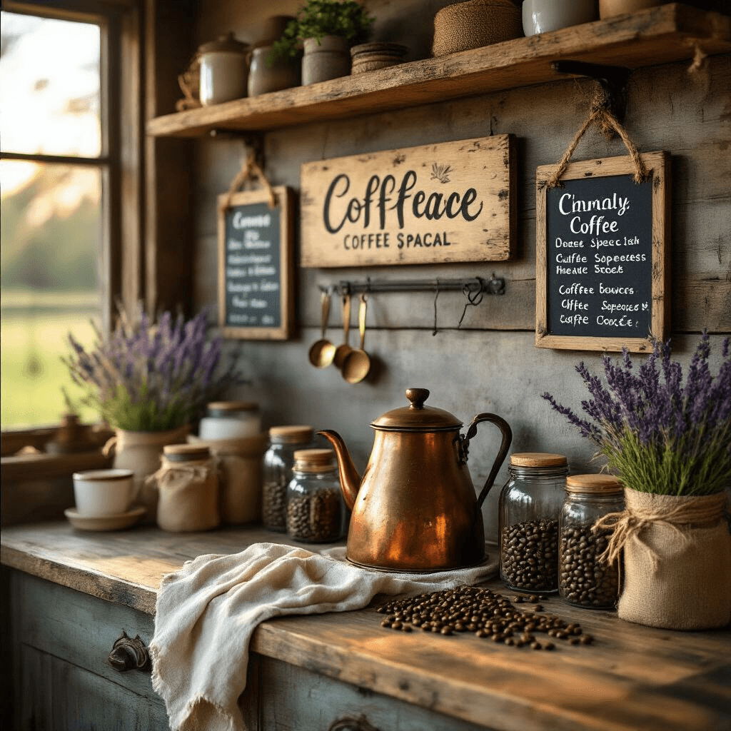 DIY Coffee Bar Signs That'll Make Your Kitchen the Envy of Every Guest Close-up shot of a rustic farmhouse coffee station, featuring a vintage copper coffee pot, distressed wood signs, chalkboard menu boards, mason jars with coffee beans, and decorative lavender sprigs, all illuminated by warm golden hour light.