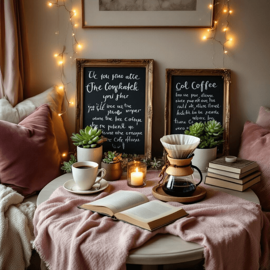 DIY Coffee Bar Signs That'll Make Your Kitchen the Envy of Every Guest A cozy apartment breakfast nook featuring a round bistro table with layered blush pink and cream textiles, a hand-crafted coffee bar with motivational quotes on chalkboard-painted frames, a ceramic pour-over setup, vintage books, and potted succulents, all illuminated by fairy lights in a candlelit atmosphere.