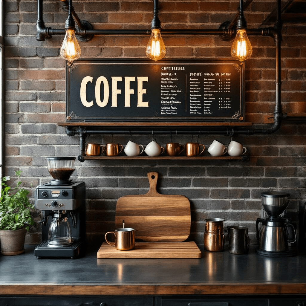 DIY Coffee Bar Signs That'll Make Your Kitchen the Envy of Every Guest Detail shot of an industrial-style kitchen coffee corner featuring moody Edison bulb lighting, metal coffee bar signage on exposed brick walls, a weathered wood menu display with copper measuring tools, dark steel countertops with a French press brewing station, and artisanal ceramic mugs, all in a color palette of charcoal gray, copper, and warm brass, with steam rising from freshly ground coffee beans.