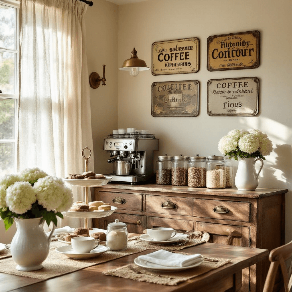 DIY Coffee Bar Signs That'll Make Your Kitchen the Envy of Every Guest Bright breakfast room with a coffee station, featuring sheer curtains and vintage decor, including tin signs and a hand-burnt wood coffee bar. Cake stands hold coffee supplies, with fresh white hydrangeas in ceramic pitchers enhancing the ivory and gold color scheme. Jute placemats and linen napkins add texture, complemented by vintage brass hardware.