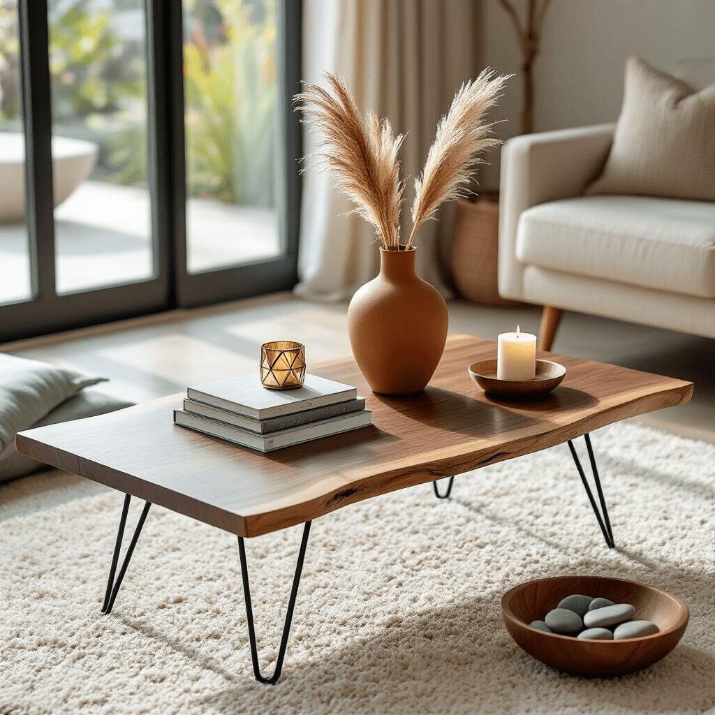 How to Choose the Perfect Trendy Coffee Table That'll Make Your Living Room Pop Overhead view of a modern coffee table styling session with a walnut table, ceramic vase with pampas grass, marble design books, brass candle holders, and wooden bowl of river stones, all illuminated by soft morning light in a minimalist living room.