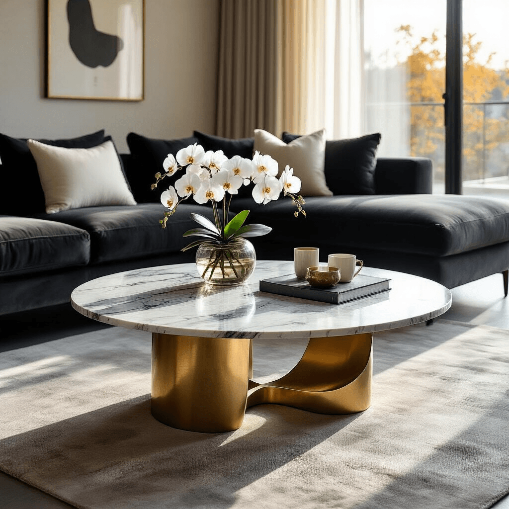 How to Choose the Perfect Trendy Coffee Table That'll Make Your Living Room Pop Wide-angle view of an elegant living room with a round marble coffee table adorned with white orchids and a coffee table book, illuminated by golden hour sunlight casting soft shadows on polished concrete floors.